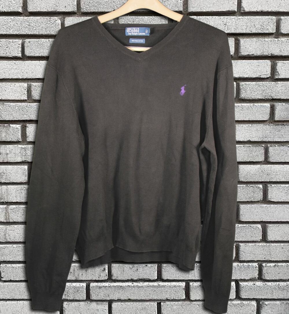 Polo Ralph Lauren Men Pima Cotton V-Neck Sweater Black Purple Pony XL